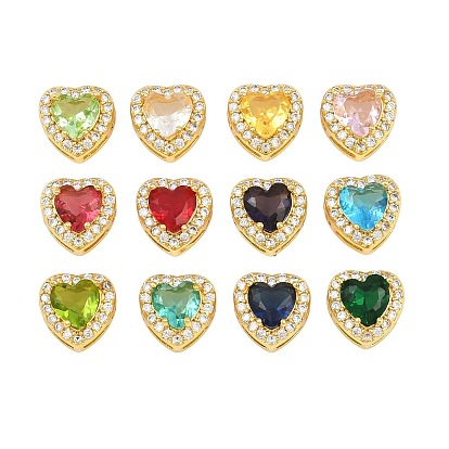 Brass Pave Cubic Zirconia Beads, with Glass, Heaet, Long-Lasting Plated, Rack Plating, Cadmium Free & Lead Free, Golden