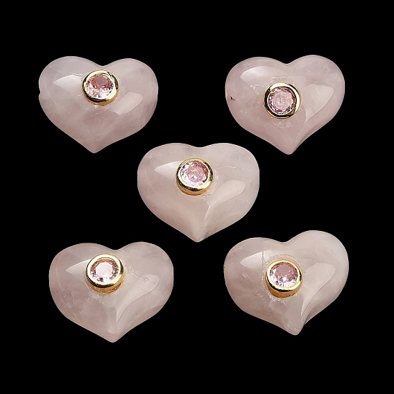 Naturel a augmenté perles de quartz, cœur, avec des pierres précieuses en laiton pavées de zircone cubique, or