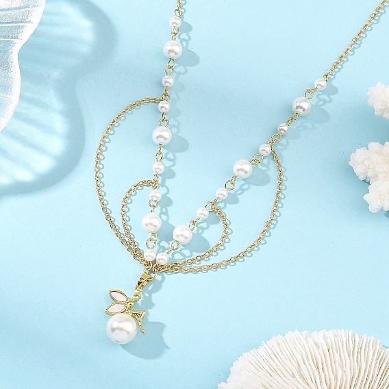 Natural Shell Brass Fairy Pendant Brass & White Round Shell Pearl Beaded Chain Necklaces for Women