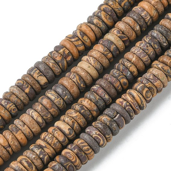 Natural Elephant Skin Jasper/Miriam Stone/Calligraphy Stone Beads Strands, Frosted, Flat Round/Disc