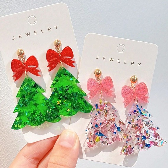 Прозрачные акриловые серьги-гвоздики в виде бантика и рождественской елки с блестками/пайетками., золотые