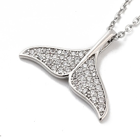 201 Stainless Steel Cable Chain Necklaces, Brass Micro Pave Clear Cubic Zirconia Mermaid Tail Pendant Necklaces