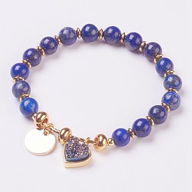 Natural Gemstone Beads Stretch Bracelets, with Electroplate Natural Druzy and Brass Findings, Heart and Flat Round
