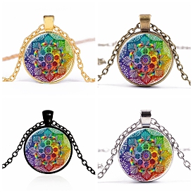 Flower of Life Glass Pendant Necklace, Om Aum Ohm Symbol Alloy Jewelry for Women