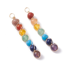 Natural & Synthetic Chakra Gemstone Pendants, with Copper Wire Wrapped, Round, Golden