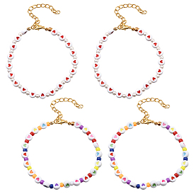 4шт. 2 стили браслетов из акриловых бусин для женщин, плоско-круглые с сердцем, с пластиковой жемчужины