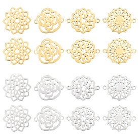 Unicraftale 16Pcs 8 Style 201 Stainless Steel Filigree Joiners Connector Charms, Laser Cut Links, Flower