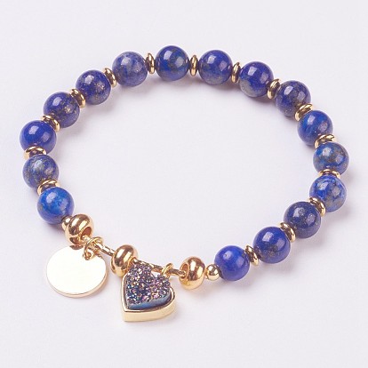 Natural Gemstone Beads Stretch Bracelets, with Electroplate Natural Druzy and Brass Findings, Heart and Flat Round