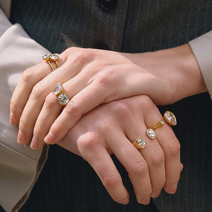 304 Открытые кольца-манжеты из нержавеющей стали с инкрустацией кубическим цирконием для женщин, золотые