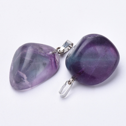 Natural Fluorite Pendants, with Platinum Tone Alloy Finding, Nuggets