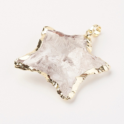 Natural Quartz Crystal Pendants, Rock Crystal Pendants, with Brass Findings, Star, Golden