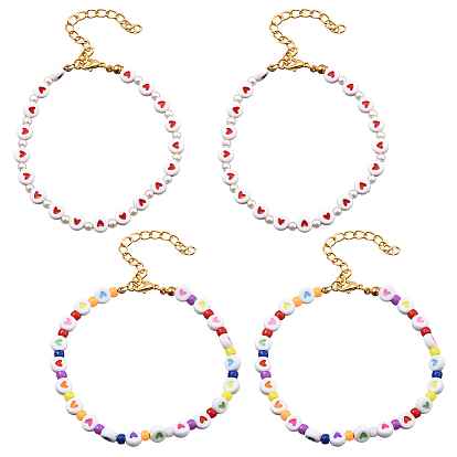 4шт. 2 стили браслетов из акриловых бусин для женщин, плоско-круглые с сердцем, с пластиковой жемчужины