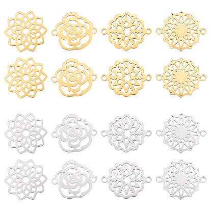 16Pcs 8 Style 201 Stainless Steel Filigree Joiners Connector Charms, Laser Cut Links, Flower
