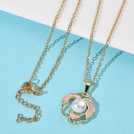 Латунный эмалированный розовый цветок 304 цепочка из нержавеющей стали для женщин, вакуумное покрытие pvd, с белым акриловым жемчугом