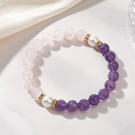 Браслеты драгоценный камень стрейч, с бусинами из ракушек и латунных стразов, золотые