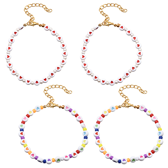 4шт. 2 стили браслетов из акриловых бусин для женщин, плоско-круглые с сердцем, с пластиковой жемчужины