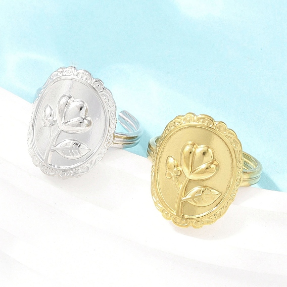 304 открытые кольца-манжеты из нержавеющей стали для женщин, овальные с цветком