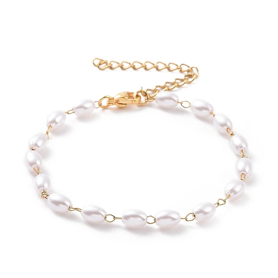 Rice Plastic Imitation Pearl Beaded Bracelets, with Vacuum Plating 304 Stainless Steel Curb Chains, White