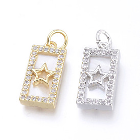 Brass Micro Pave Cubic Zirconia Pendants, with Jump Rings & Natural Shell, Long-Lasting Plated, Cadmium Free & Lead Free & Nickel Free, Rectangle with Star, Clear