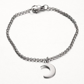 Moon Stainless Steel Charm Bracelets, with Rolo Chains and Lobster Claw Clasps, 7-1/4 inch (185mm)