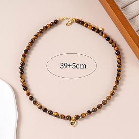 Ожерелья из круглых бусин из натурального тигрового глаза, латунь сердце кулон ожерелье