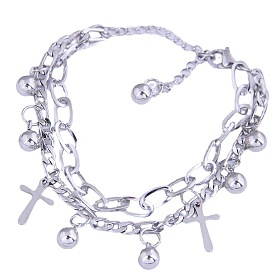Fashionable Hip Hop Steel Chain Cross Pendant Double Layer Bracelet