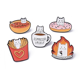Black Alloy Brooches, Enamel Pins, Cat with Food