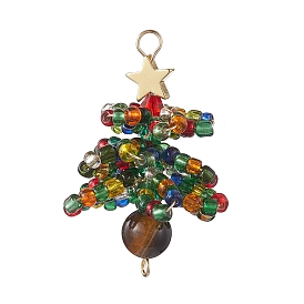 Natural Tiger Eye & Glass Seed Beaded Connector Charms, Christmas Tree Links with Golden Tone Brass Star