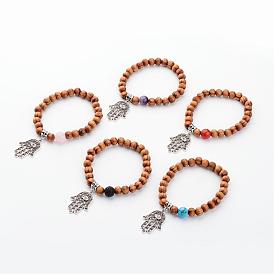 Wood Charm Bracelets, with Natural or Synthetic Gemstone Beads, and Alloy Findings, Hamsa Hand/Hand of Fatima /Hand of Miriam, 52mm