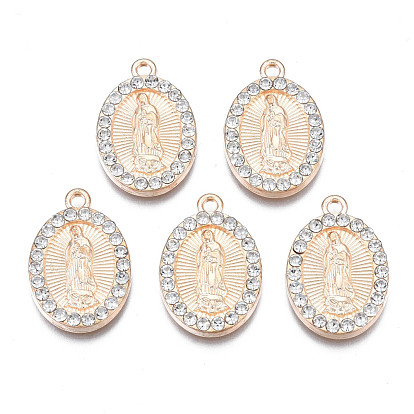 Alloy Pendants, with Rhinestone, Light Gold, Cadmium Free & Lead Free, Oval with Virgin Mary