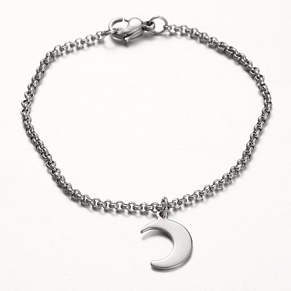 Moon Stainless Steel Charm Bracelets, with Rolo Chains and Lobster Claw Clasps, 7-1/4 inch (185mm)