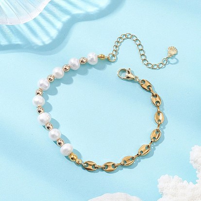 Браслеты из натурального культивированного пресноводного жемчуга и гальванизированного немагнитного синтетического гематита для женщин, с 304 цепями для кофейных зерен из нержавеющей стали