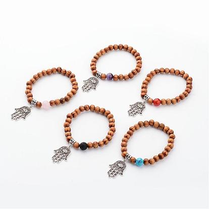 Wood Charm Bracelets, with Natural or Synthetic Gemstone Beads, and Alloy Findings, Hamsa Hand/Hand of Fatima /Hand of Miriam, 52mm