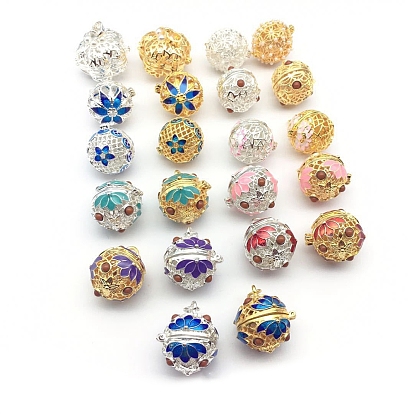 Brass Enamel Hollow Bead Cage Pendants, Round with Lotus Flower Charm, for Chime Ball Pendant Necklaces Making