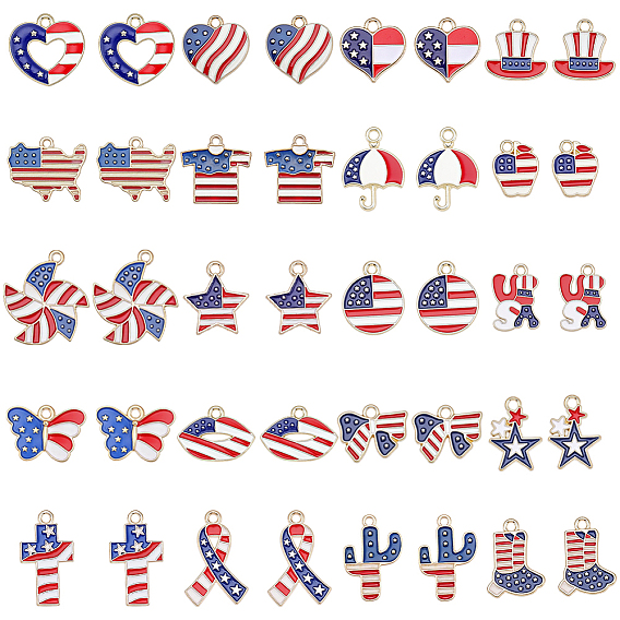 40Pddcs 20 Styles Independence Day Themed Zinc Alloy Enamel Pendants, Light Gold, Red White Blue