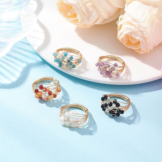 Natural Gemstone Finger Rings, with Eco-Friendly Copper Wire