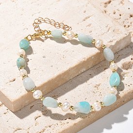 Natural Gemstone Beaded Bracelets, with Natural Pearl Beads, Brass Beads and 304 Stainless Steel Lobster Claw Clasps