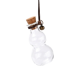 Gourd-shaped Glass Cork Bottles Ornament, with Waxed Cord & Iron Bell, Glass Empty Wishing Bottles, DIY Vials for Pendant Decorations