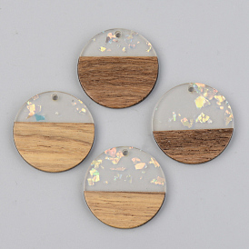 Transparent Resin & Walnut Wood Pendants, with Paillette/Sequin, Flat Round