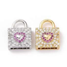 Rack Plating Brass Micro Pave Cubic Zirconia Pendants, Cadmium Free & Lead Free, Long-Lasting Plated, Lock with Heart