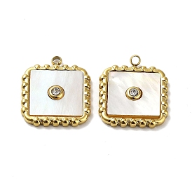 Ion Plating(IP) 304 Stainless Steel Pave White Shell Pendants, Square Charm with Crystal Rhinestone