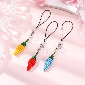 Hot Pepper Glass Seed Beads Mobile Straps, with Cord Loop and PVC Mobile Dustproof Plugs, Platinum