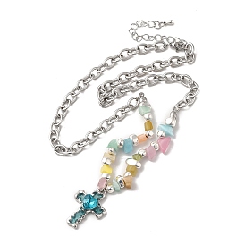 Alloy Glass Cross Pendant Necklace with Cat Eye Chips Beaded Chains, Titanium Steel Jewelry for Women