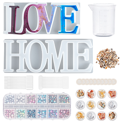 Kits de moldes de silicona de grado alimenticio "Home & Love" para hacer tú mismo, Con abs de plástico imitación perla cabujones, cuentas de concha en espiral natural y taza medidora