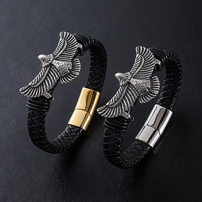 Браслеты из плетеного шнура из искусственной кожи в стиле панк, 304 Браслеты с подвесками в виде орла из нержавеющей стали для мужчин, с магнитной застежкой