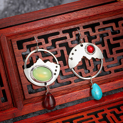 925 Silver Gemstone Earrings with Agate and Turquoise - Geometric Pendant, Handmade, Moonstone.
