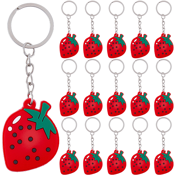 20Pcs PVC Keychains, with Alloy Rings, Strawberry