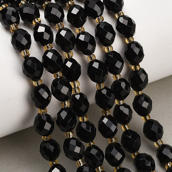 Natural Obsidian Beads Strands, Round, Faceted, with Seed Beads