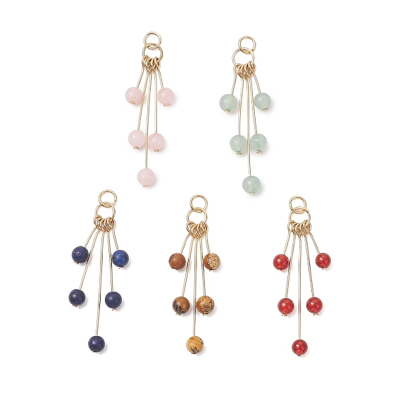 Подвески из натуральных смешанных драгоценных камней, круглые подвески-кисточки с фурнитурой из нержавеющей стали, золотые, смешанные окрашенные и неокрашенные