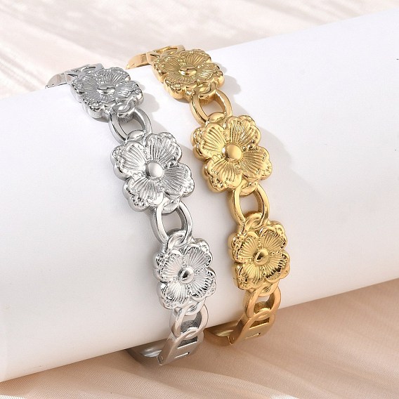 304 Stainless Steel Hinged Cuff Bangles, Flower